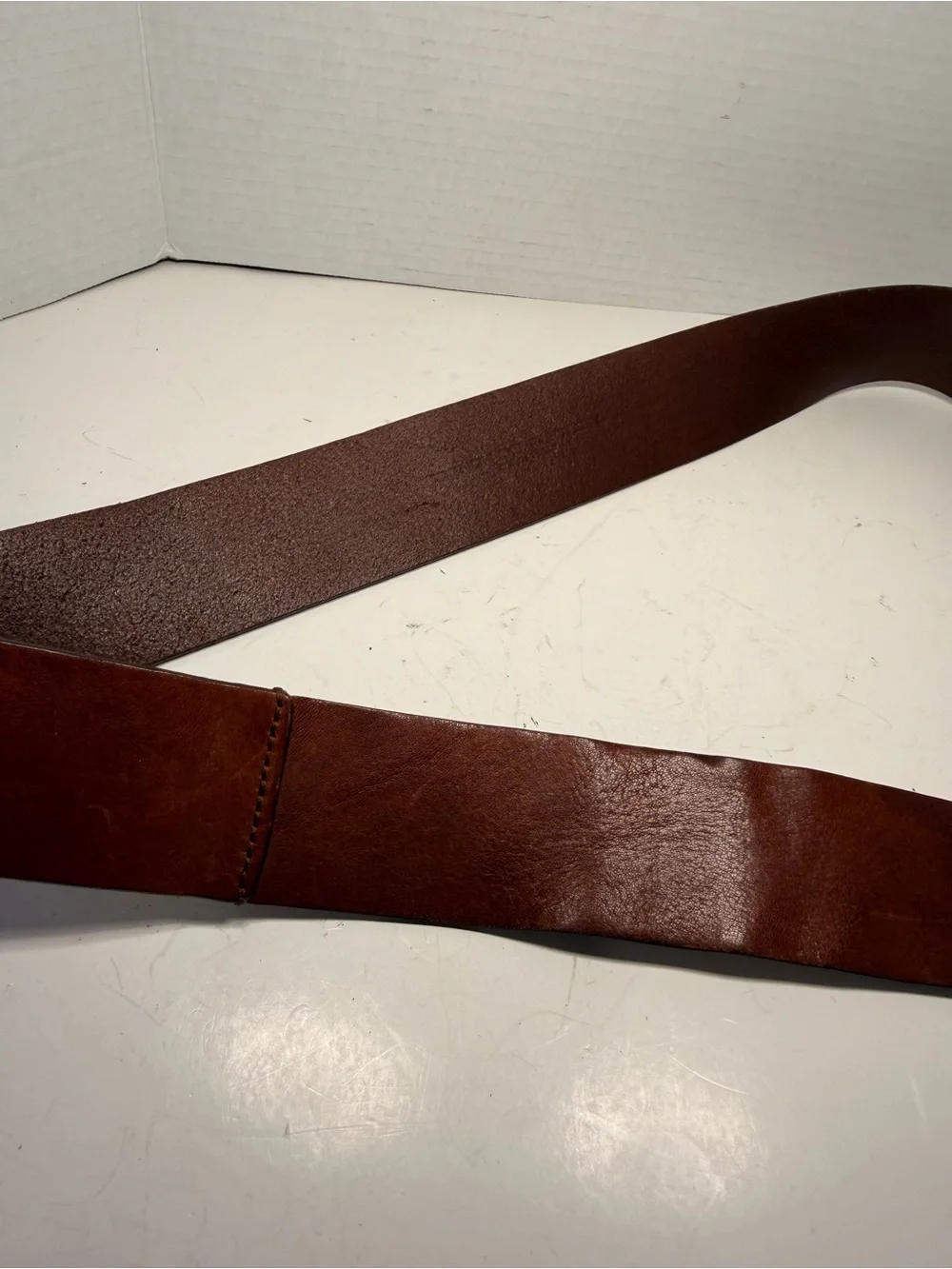 French Connection Brown Leather Wide Waist Belt with Double Ring Buckle 38 inch